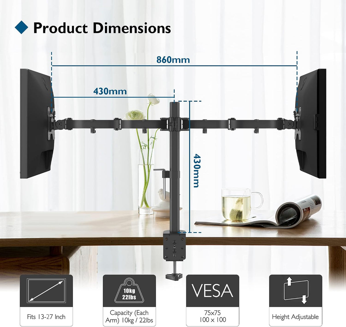 BONTEC Dual Monitor Arm Desk Mount for 13–27 Inch Computer Screens, VESA 75x75/100x100, Full Motion Adjustable Monitor Arm with 360° Rotation, Height Adjustable up to 430mm, Max 10kg per Arm, Black