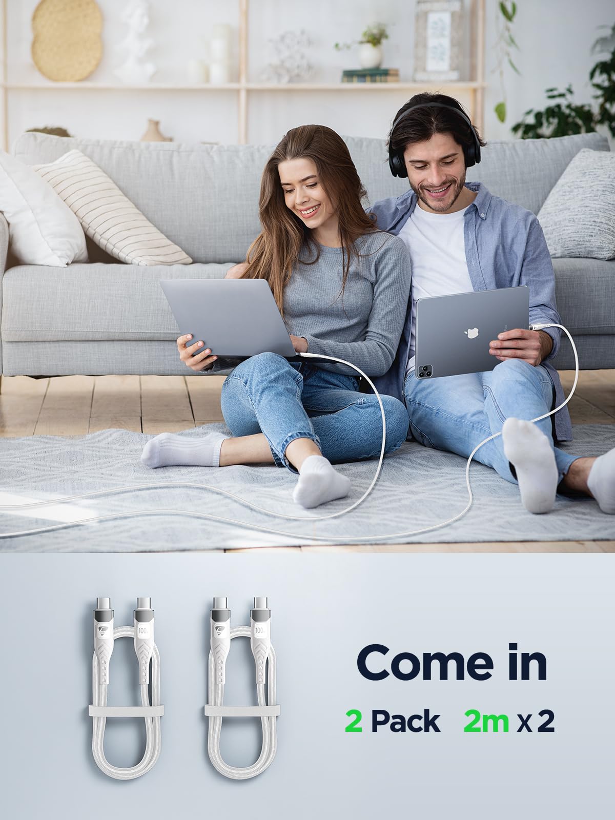 USB C to USB C, 100W 5A Fast Charging Cable [2Pack/2M] USB Type C Charger Fast Charge Lead Usbc to Usbc Cable for iPhone 15 16 17 Pro Max Plus iPad Pro MacBook Samsung Galaxy S23 S22 S24 S25 Ultra etc