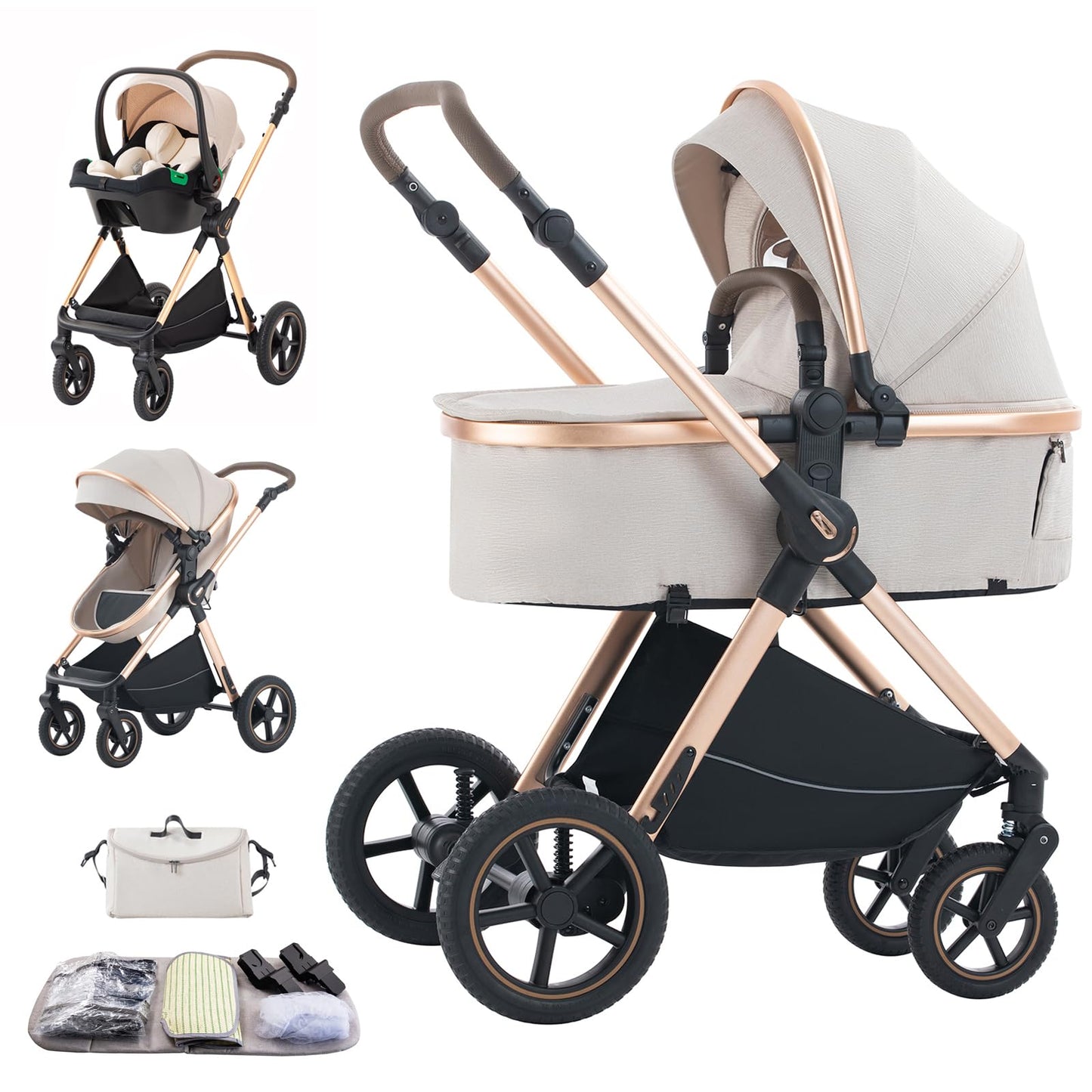 3 in 1 Baby Stroller with Height Adjustable Handle,3 in 1 Prams Travel System, Lightweight Foldable Pushchair, Prams with Aluminum Frame for Portable Baby Carriage (D2 Pink, H2-D)