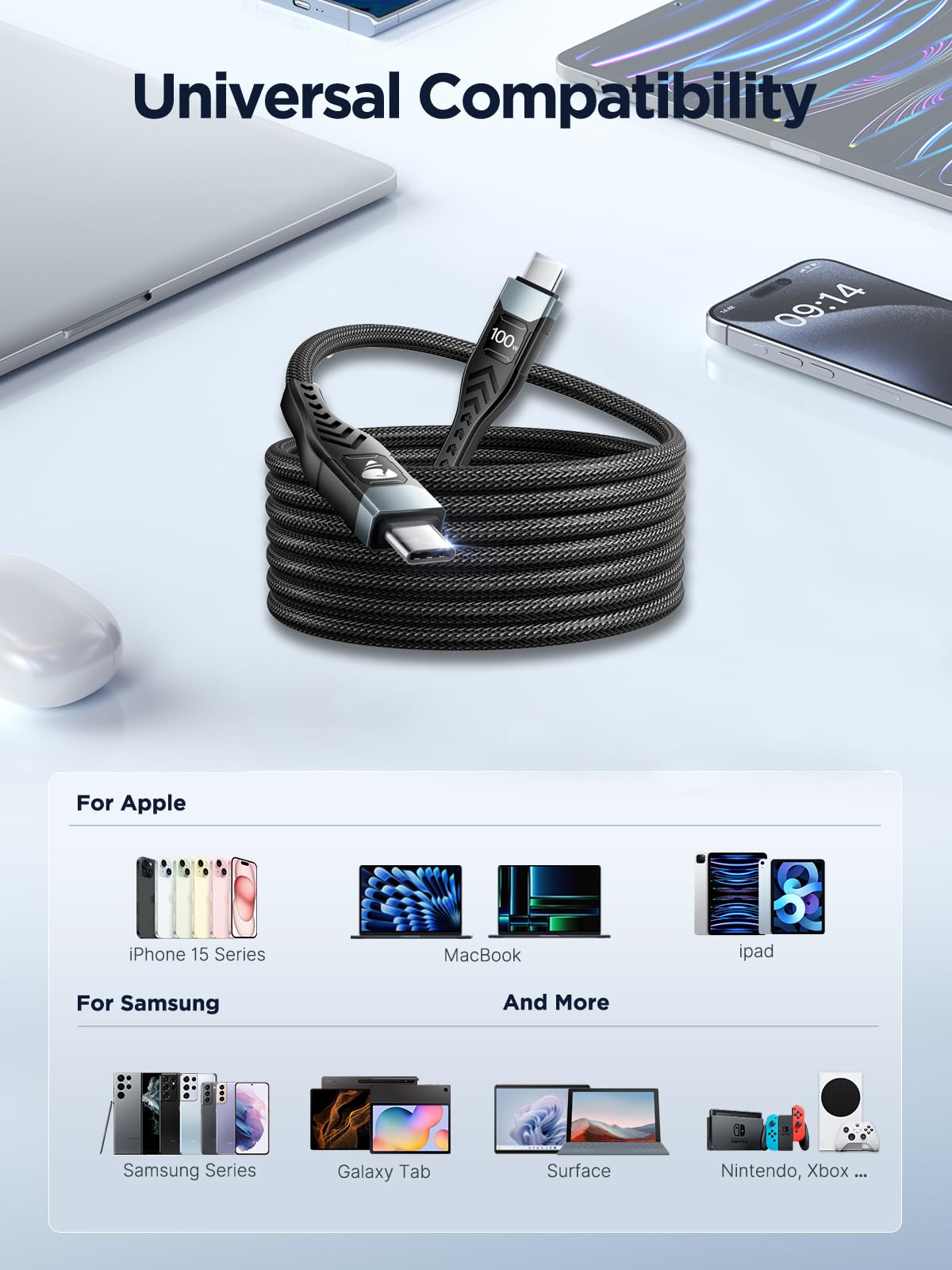 USB-C to C 1M 100W PD3.0 Fast Charging Cable - Compatible with MacBook Pro, iPad Air, iPhone 15, Samsung S23/S22/S21 Ultra, Pixel 7/6, Switch, PS5