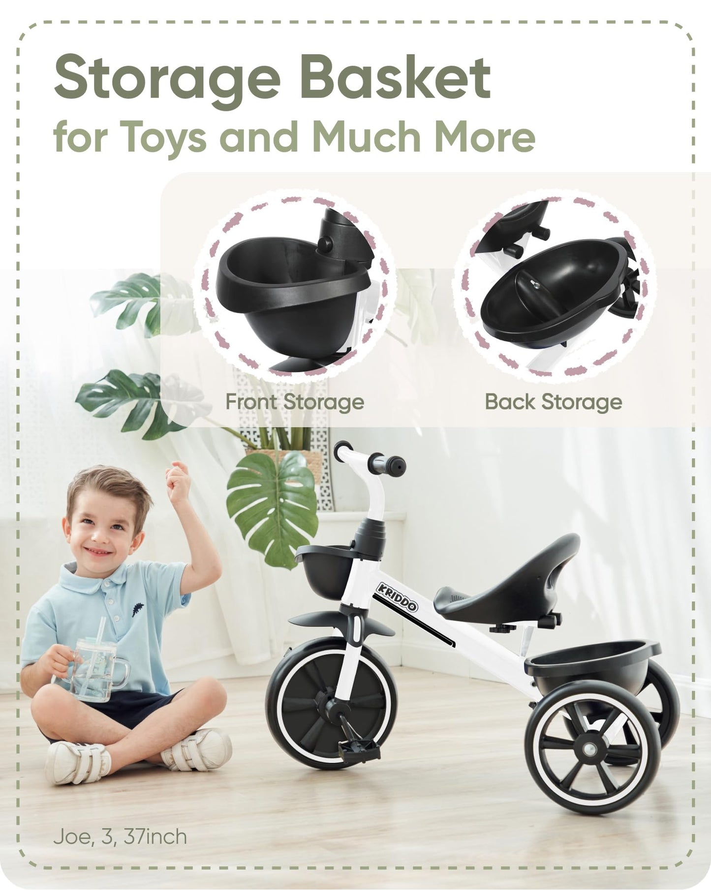 KRIDDO Toddler Tricycle — Anti-Tip Design, BPA-Free | Ages 18 Months to 4 Years | Pink
