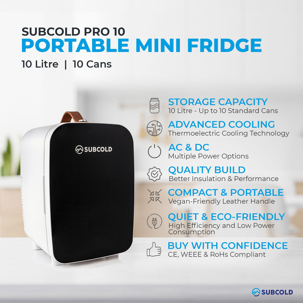 Subcold Pro4 Mini Fridge 4L, Quiet Small Fridge for Bedroom, AC & USB