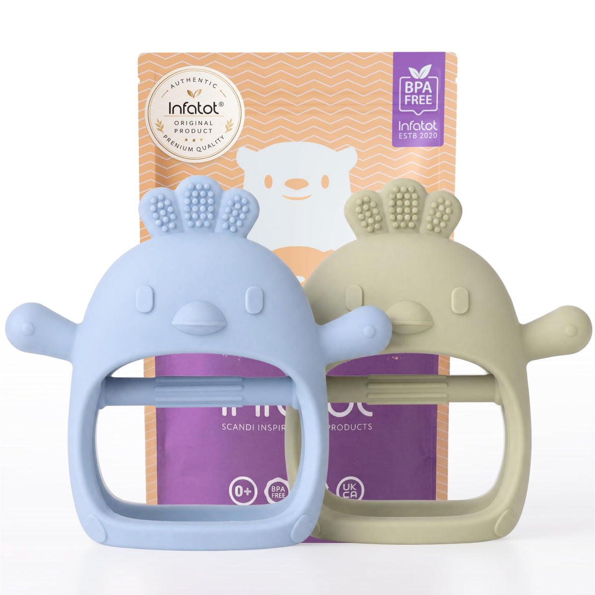 Infatot® Teething Toys for Baby Gifts – Chipmunk Silicone Mitten Teether, Soothing Glove for Infants, Baby Toys 0-6 Months, Soft Chewable Teether Toy to Prevent Finger Sucking, CM Blue.