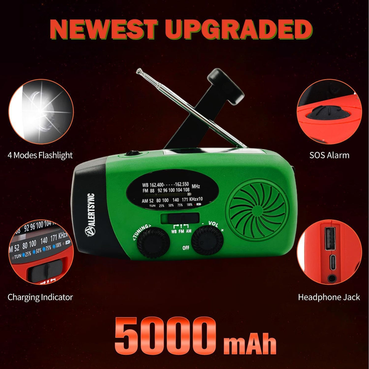 5000mAh Wind Up Solar Radio, Emergency Crank Weather Radio, FM/AM Radios