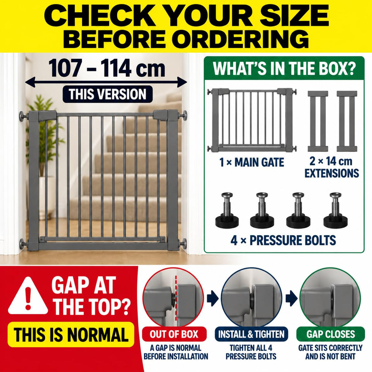 For Your Little One Pressure Fit Safety Stair Gate – 100–107 cm – 2 x 7 cm Extensions Included – No Screws Needed | One-Hand Opening | Baby & Pet Gate for Stairs & Doorways, Grey