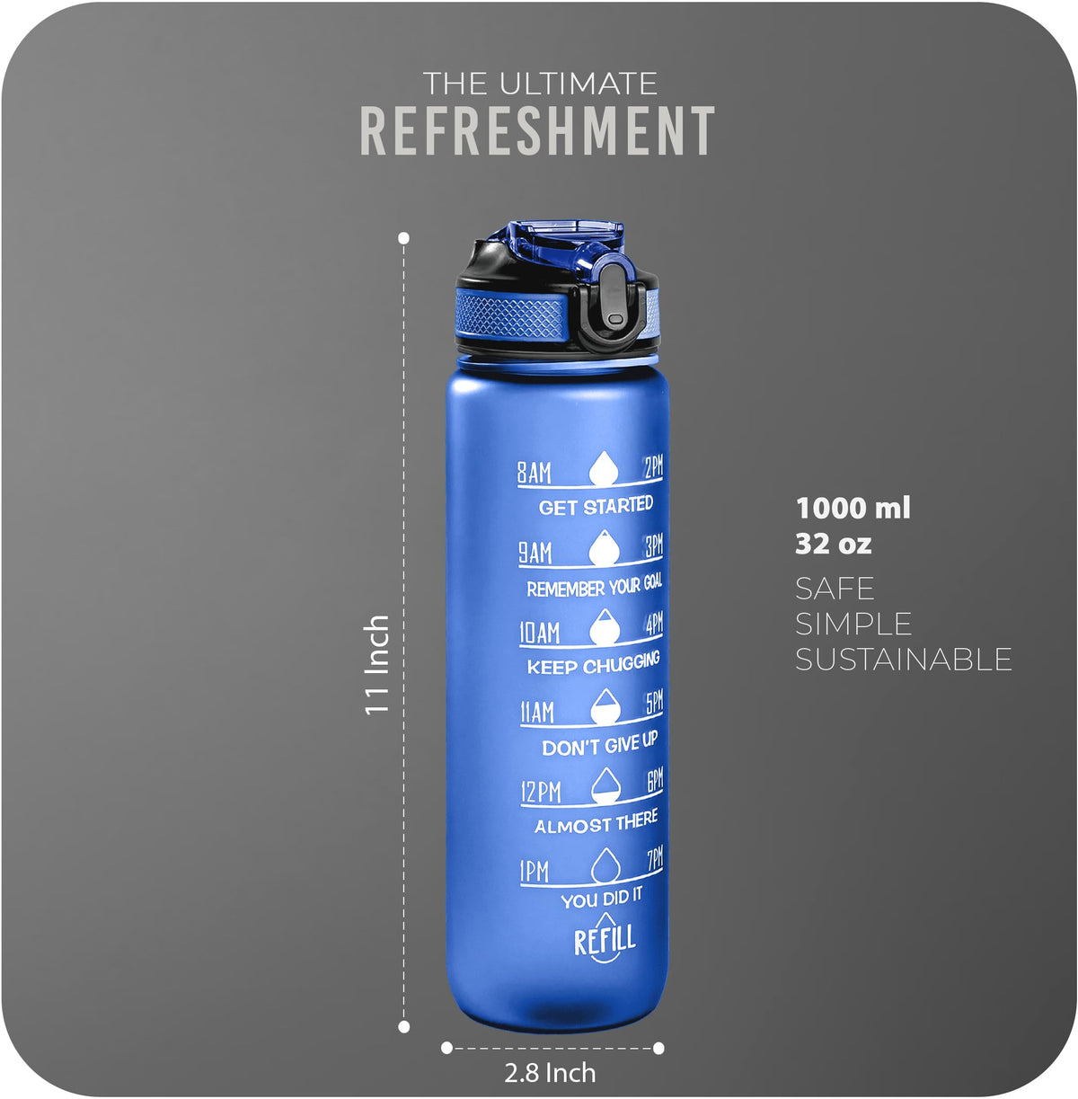 Roe Tenpo Sports Water Bottle with Straw and Time Marking, and 32OZ Capacity - Motivational and Eco-Friendly BPA-Free Bottle for Running, Gym, Yoga, Outdoors, and Camping (Style-1, Black)
