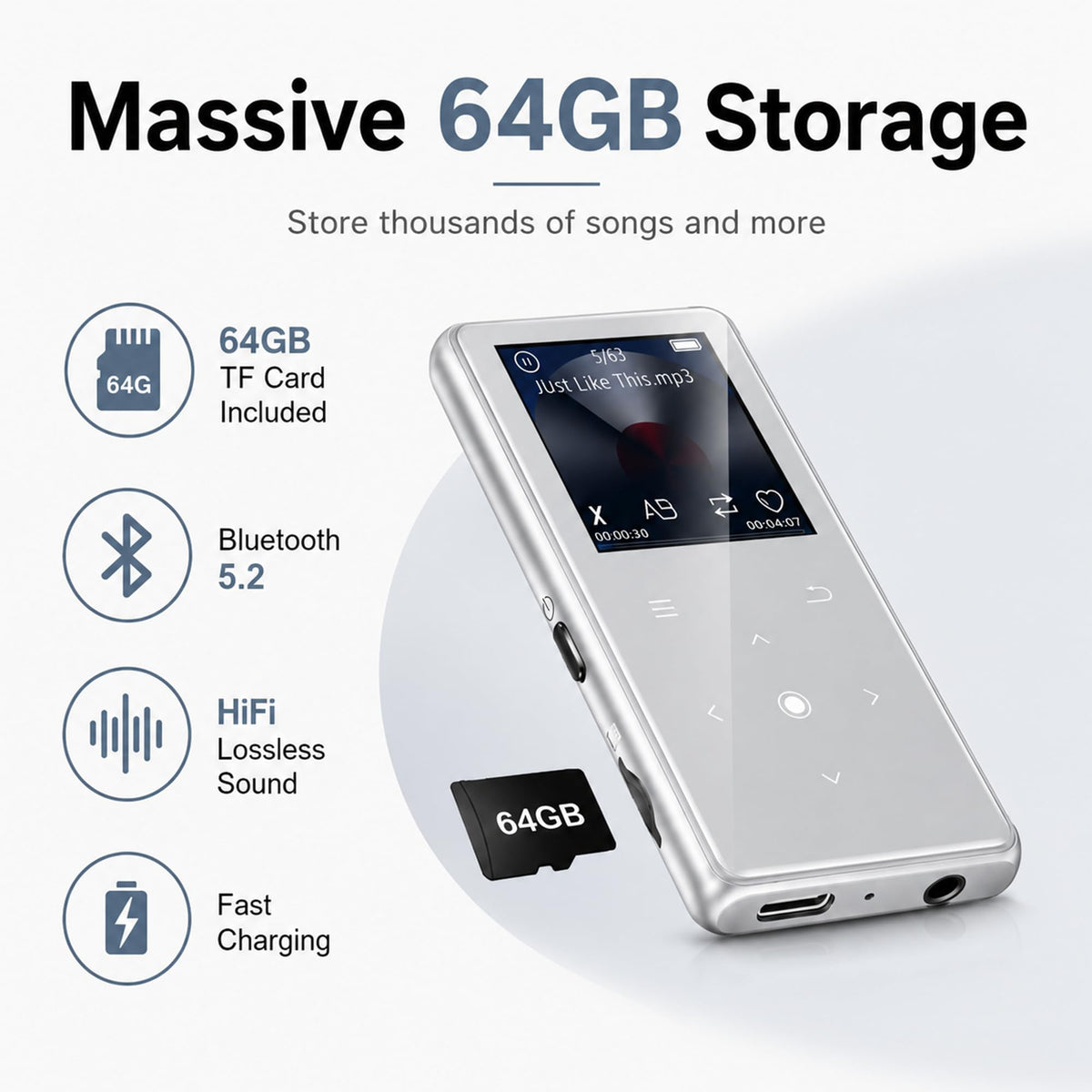 64GB MP3 Player with Bluetooth 5.2, AiMoonsa Music Player with Built-in HD Speaker, FM Radio, Voice Recorder, HiFi Sound, E-Book Function, Earphones Included