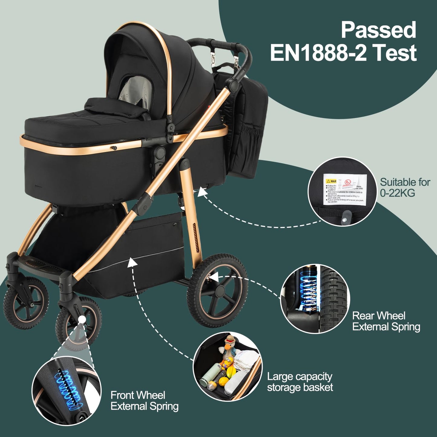 Baby Stroller 3 in 1,Travel Pushchair's Lie-Flat Pram is Foldable, Stroller System Handle is Adjustable, The Wheels are Made of PU Material, Suitable for 0-3 Years-Khaki
