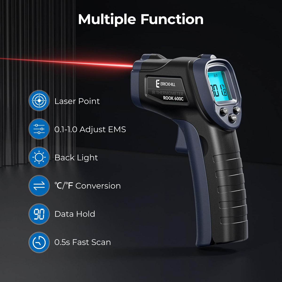 ERICKHILL Infrared Thermometer -50℃~550℃ With -50~260℃ Meat Thermometer, Non-Contact Laser Thermometer Gun LCD Backlit Digital Display Adjustable Emissivity - for Vehicle Repair/Cooking/BBQ/Freezer