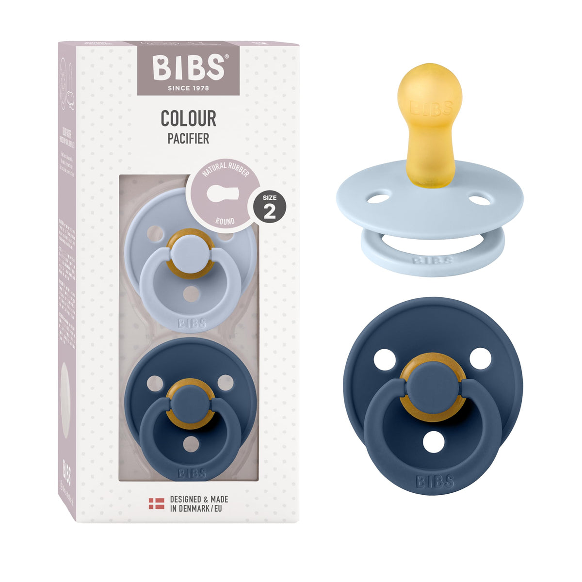 BIBS Colour Soother 2-Pack, BPA Free Dummy Pacifier, Round Nipple. Natural Rubber Latex, Made in Denmark, Size 2 (6-18 Months), Baby Blue