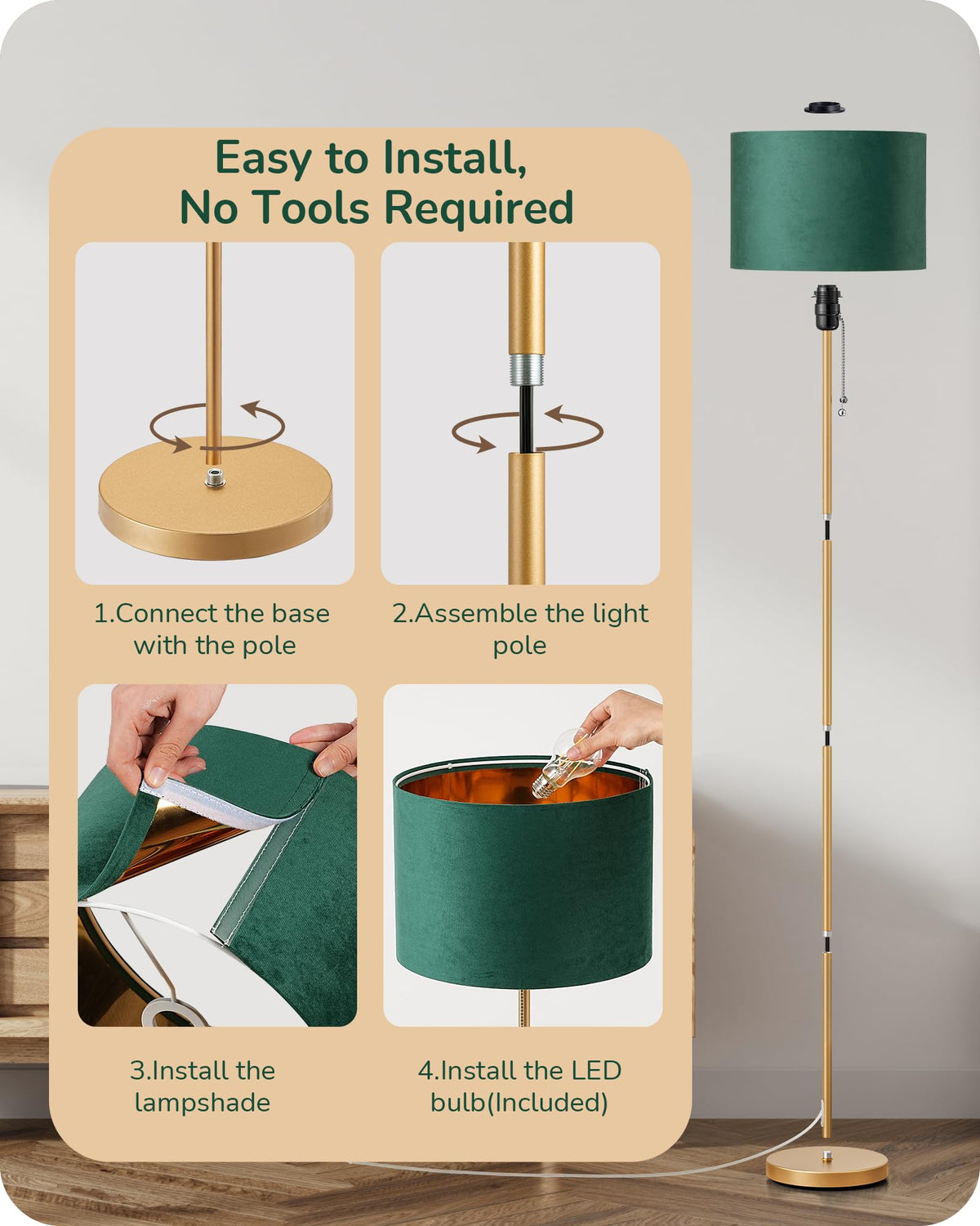 EDISHINE 57'' Modern Floor Lamp with Linen Shade, 2700K LED Bulb Included