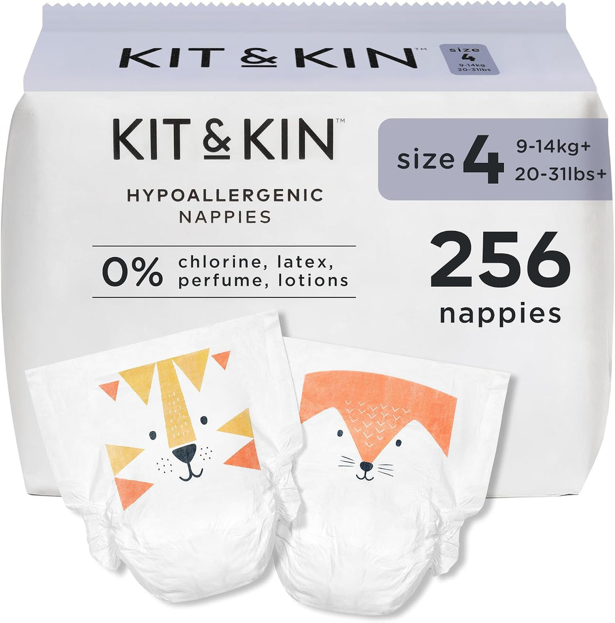 Kit & Kin Premium Baby Nappies Size 4 | 9-14 kgs / 20-31 lbs | Pack of 256 Nappies | Plant-Based Materials On Baby's Skin | Hypoallergenic | Superior up to 12 Hour Leak Protection