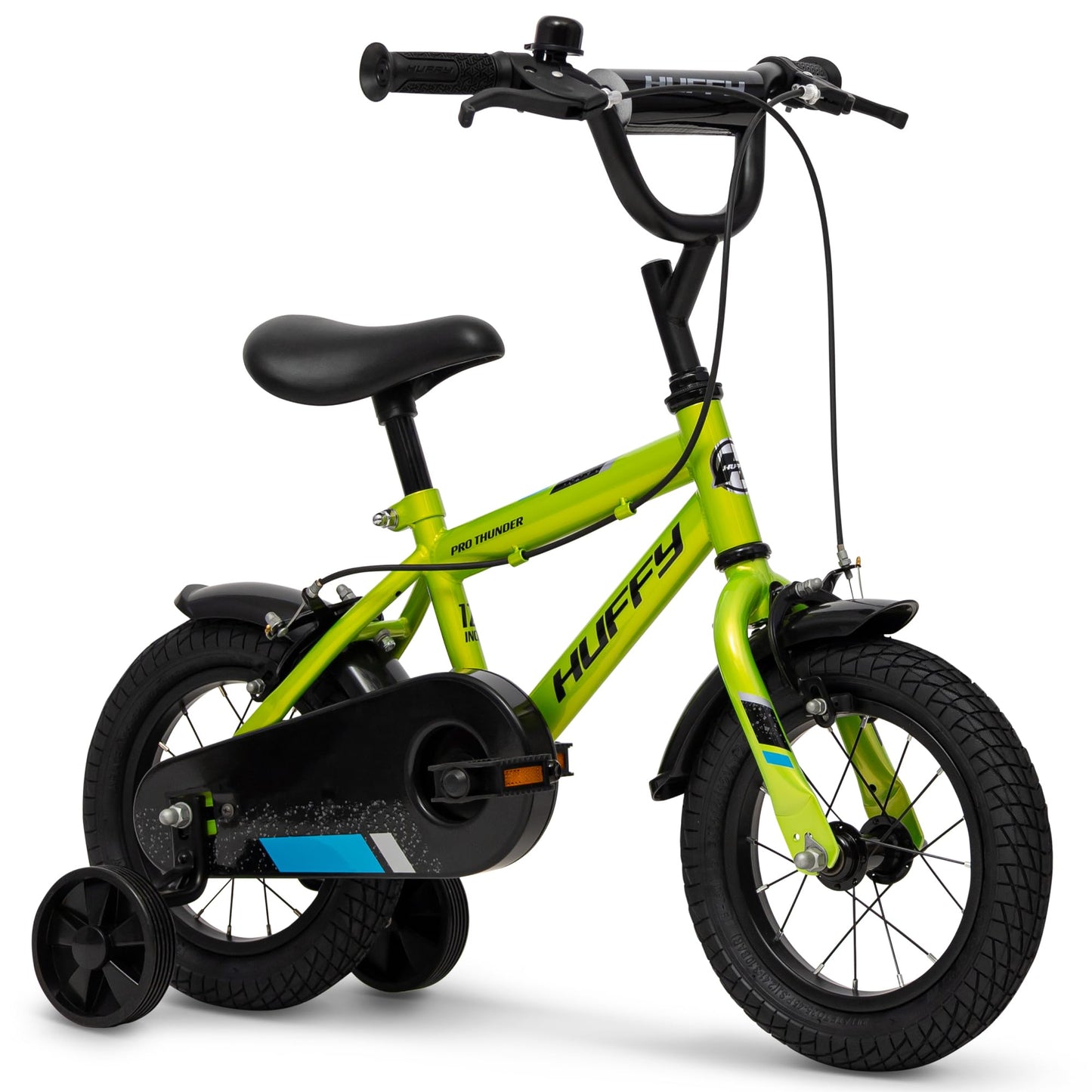 Huffy Pro Thunder Kids Bike 16" with Stabilisers, Bell & Handlebar Pad — Green