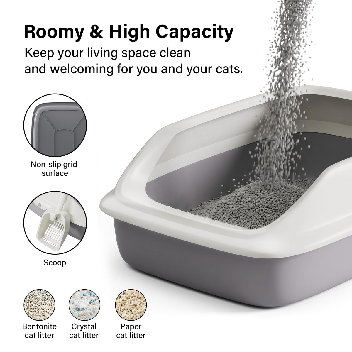 Cat Litter Tray Box, Litter Box, Plastic Cat Open Top Litter Tray with Free Scoop Kitten Detachable Rim Easy Cleaning,49 x 38 x 23cm (Grey)