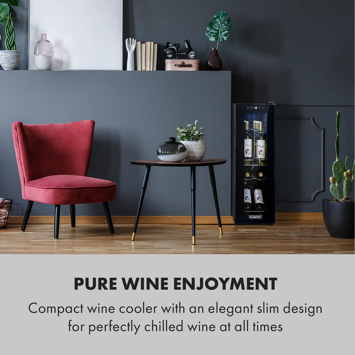 KLARSTEIN Shiraz Wine Cooler Black – 8 Bottles, 1 Zone | Freestanding Wine Fridge with Glass Door, Quiet, 5–18 °C, LED, Stainless Steel Frame