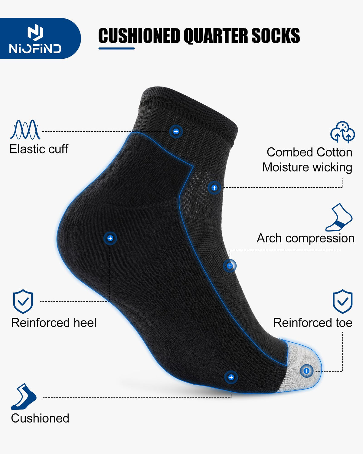 Niofind Quarter Sports Socks for Men & Women, Cotton and Cushioned