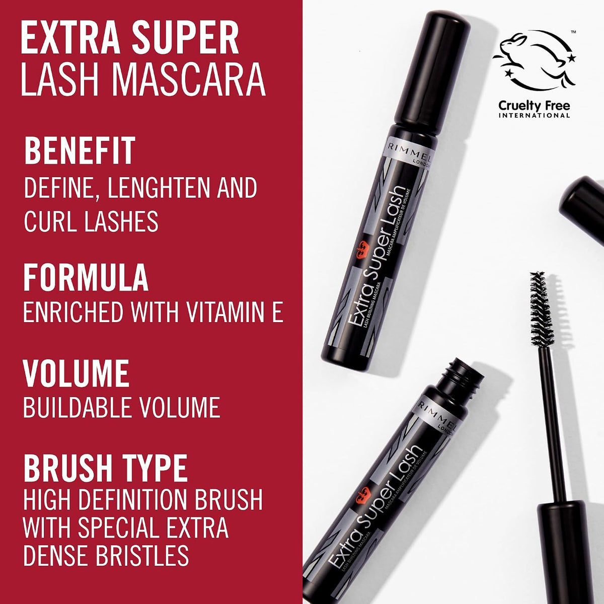 RIMMEL LONDON - Extra Super Lash Building Mascara - Defines, Lengthen & Curl Lashes - With Hydrogel For Healthy Looking Finish - Enriched With Vitamin E - No Clumping - 101 Black Black