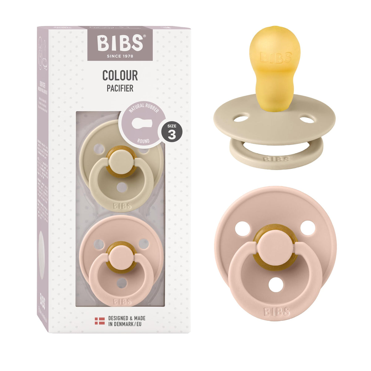 BIBS Colour Soother 2-Pack, BPA Free Dummy Pacifier, Round Nipple. Natural Rubber Latex, Made in Denmark, Size 2 (6-18 Months), Baby Blue