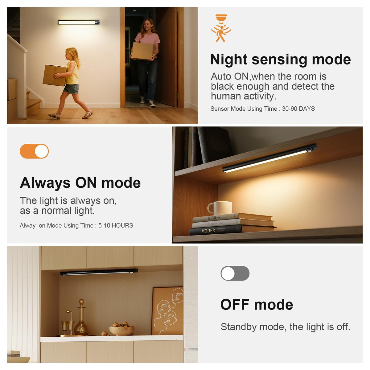 daphomeu 5 Pack Rechargeable Under Cupboard Kitchen Lights, 20CM Dimmable Warm Cabinet Light, LED Motion Sensor Lights Indoor, Magnetic Stick Light for Kitchen Shelf Stairs Wardrobe