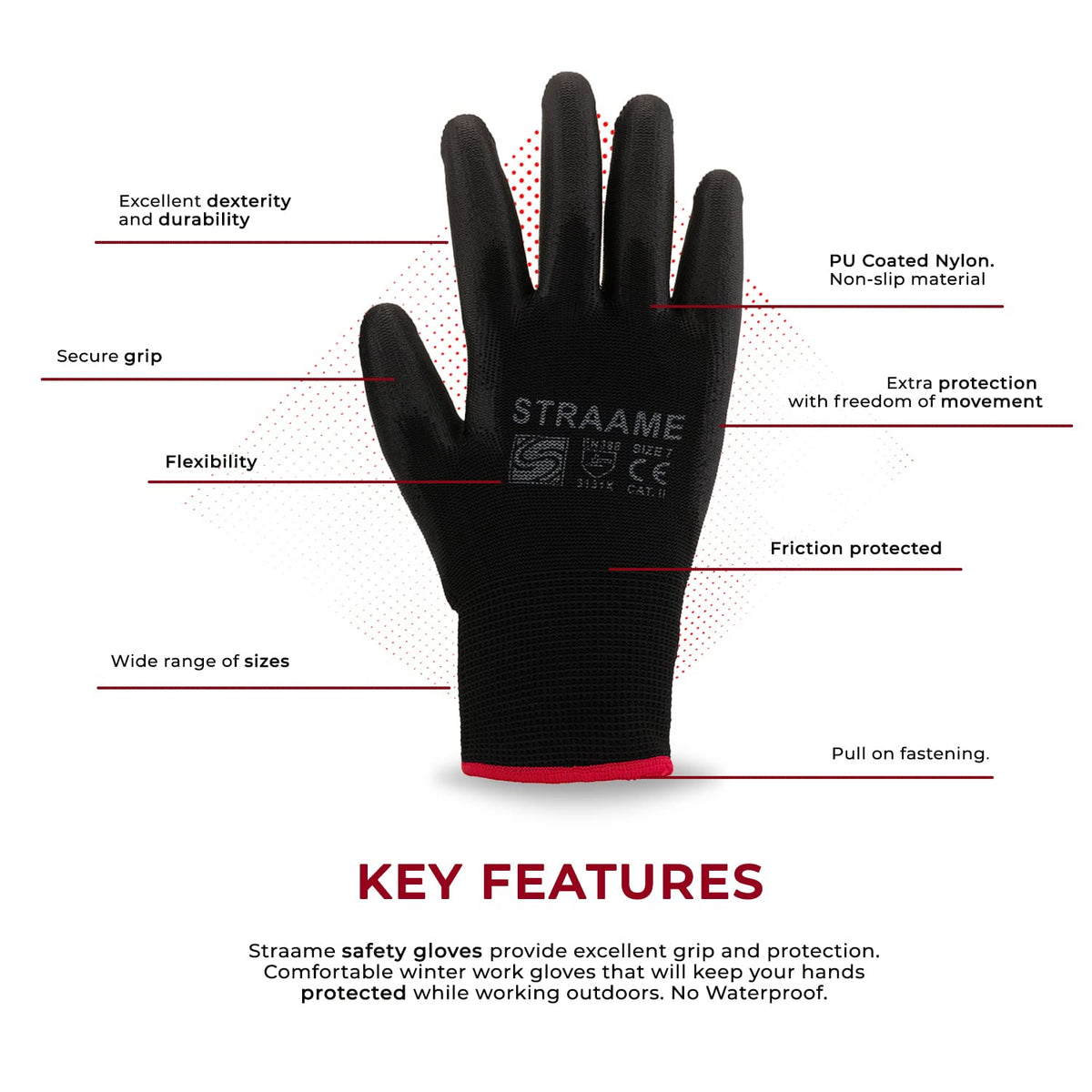 Straame Black Work Gloves, 12 Pairs, PU Coated Nylon, Non-Slip Grip, Size S