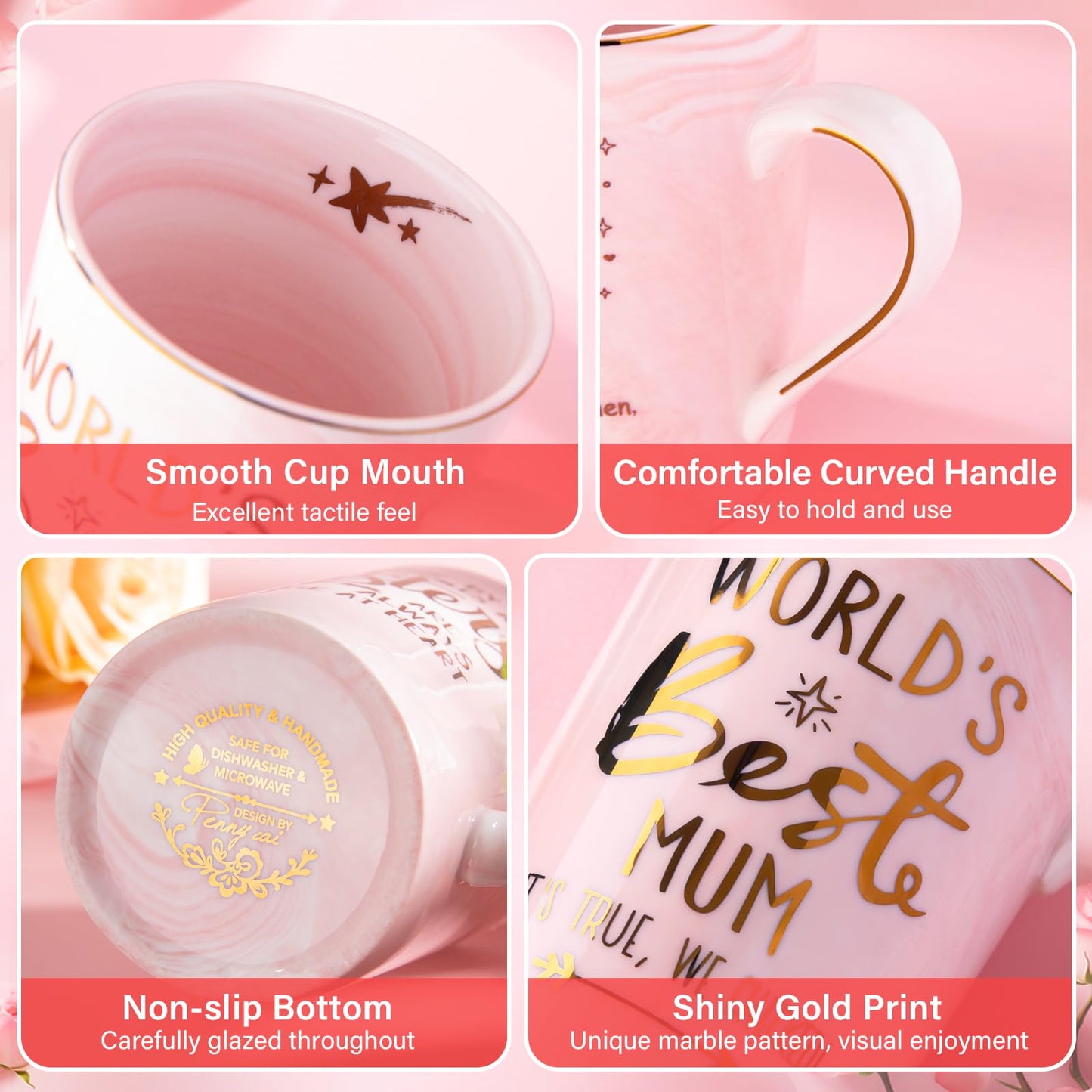 Unique Teacher Appreciation Gifts for Women - Best Teacher Gifts for Teachers, 14oz Pink Marble Ceramic Coffee Mug Printed with Gold, Retirement Birthday Graduation Ideas, End of The Year, Gift Boxed