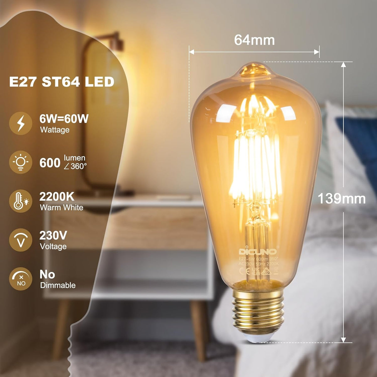 DiCUNO Vintage Light Bulb E27 Edison Screw Bulb, 6W, Warm White 2200K, 6Pcs