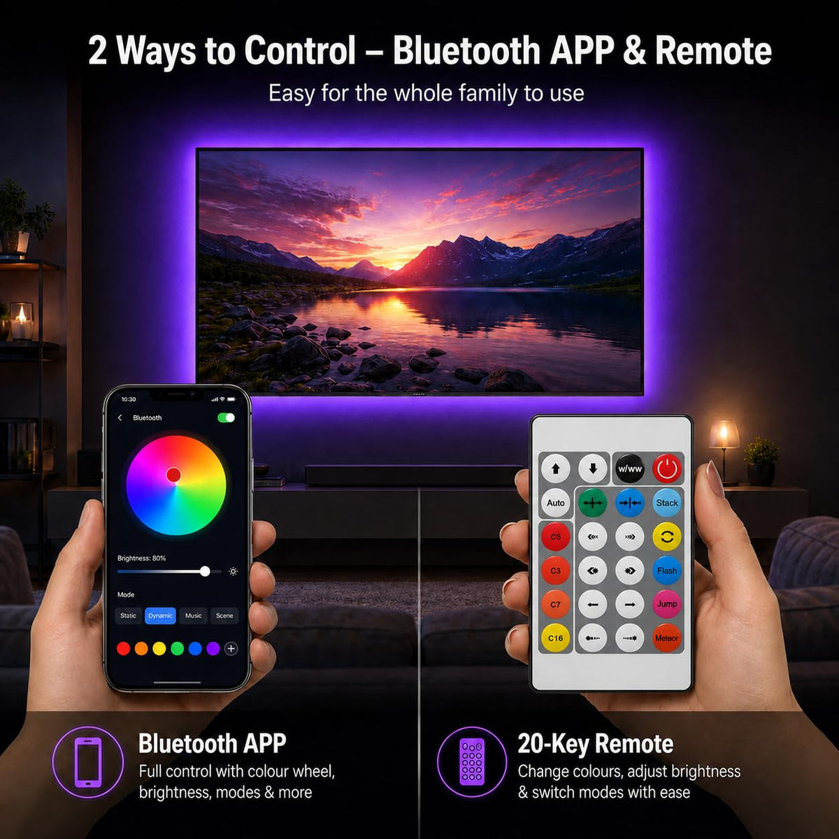 3M TV LED Strip Lights for 30-55 Inch TVs, RGB Colour Changing USB Bias Lighting with Bluetooth App & Music Sync, Remote Control LED Backlight for Home Cinema, Bedroom & Gaming Monitor