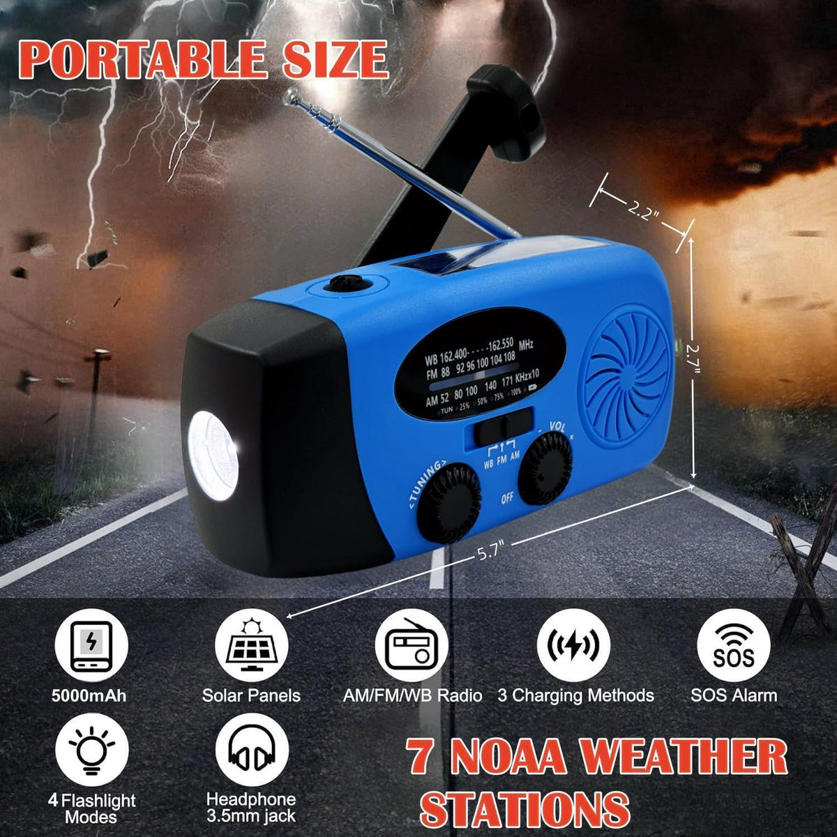 5000mAh Wind Up Solar Radio, Emergency Crank Weather Radio, FM/AM Radios