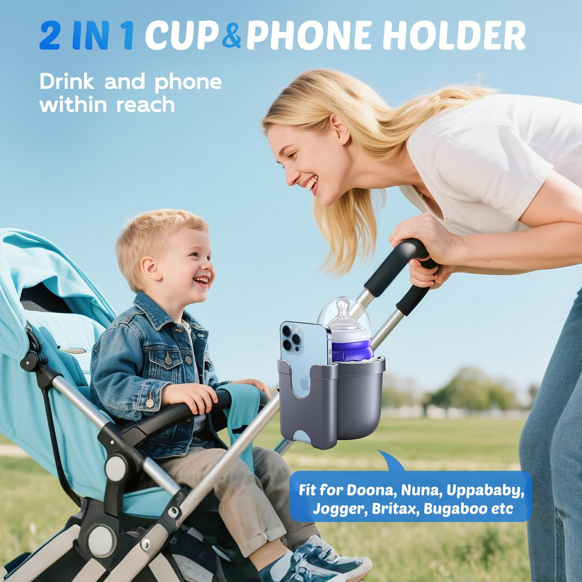 2-Pack Pram Cup Holder with Phone Holder, Universal Pram Buggy Accessories