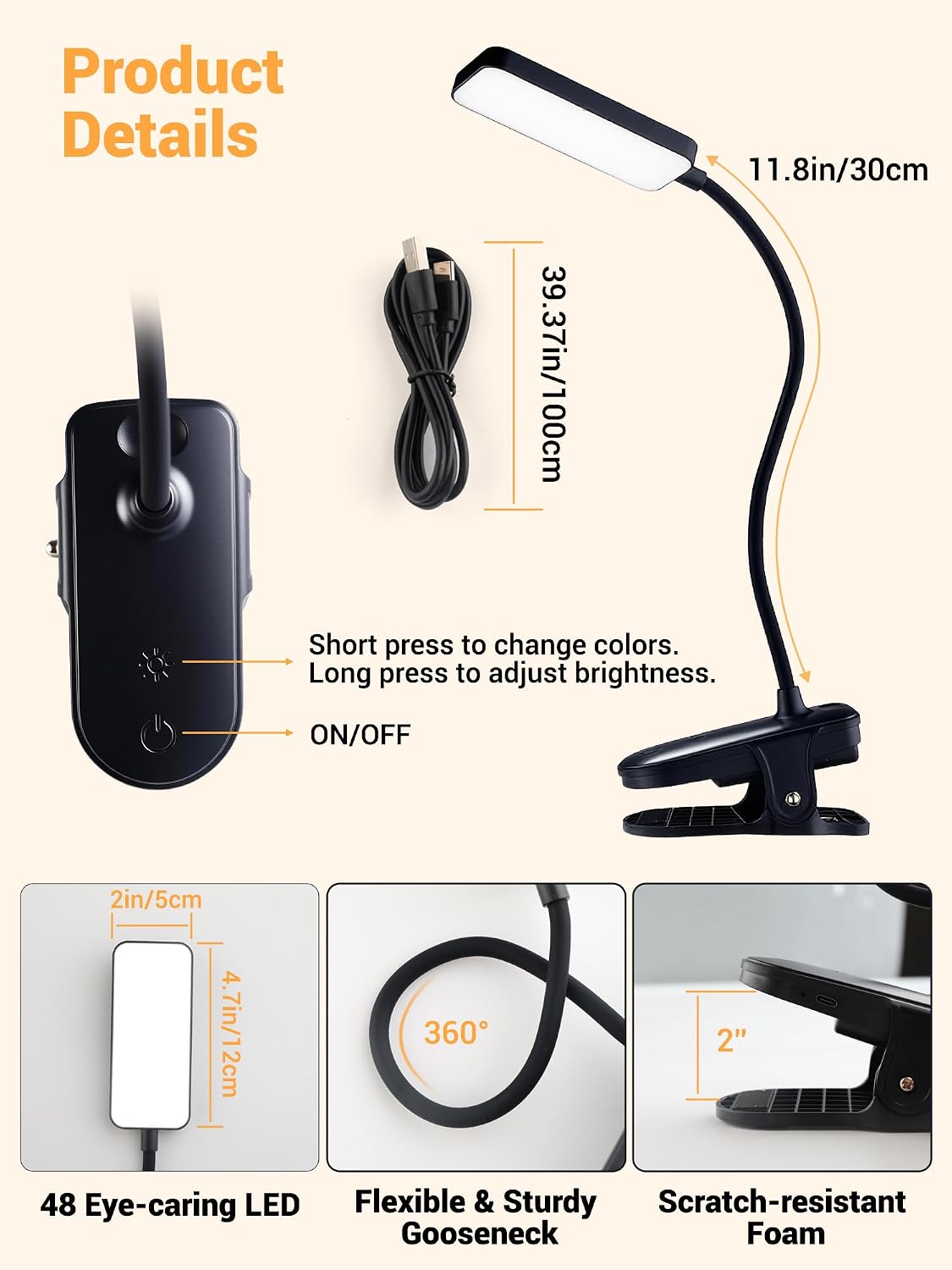 Reading Light,9 Brightness+5 Colors Clip on Light, LED Desk Lamp Table Lamp