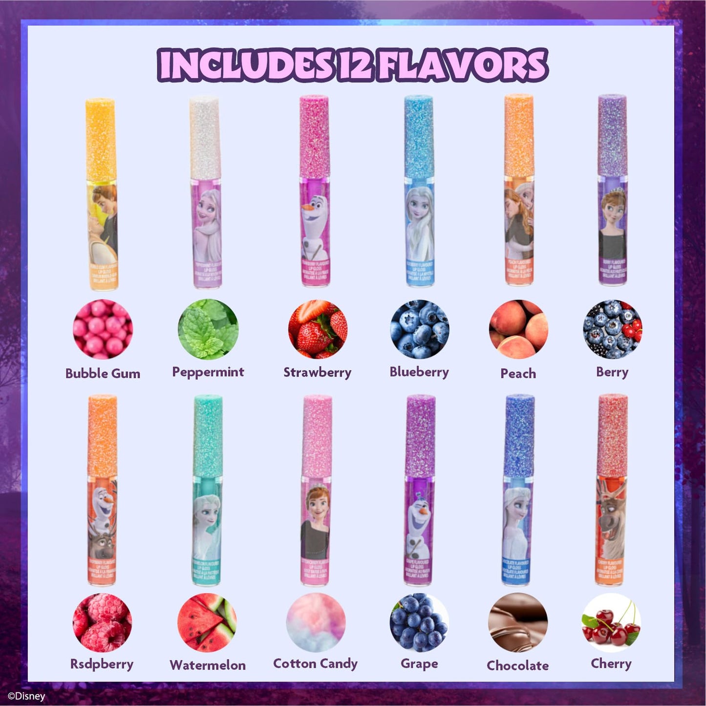Disney Princess 12 Piece Plant Based Lip Gloss, Girls Party Favours, First Makeup Set for Girl, Perfect for Parties, Sleepovers and Birthday Gifts, Ages 3+, by Townley Girl