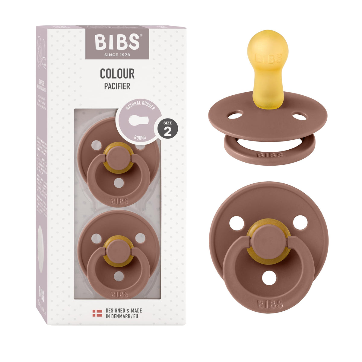 BIBS Colour Soother 2-Pack, BPA Free Dummy Pacifier, Round Nipple. Natural Rubber Latex, Made in Denmark, Size 2 (6-18 Months), Baby Blue