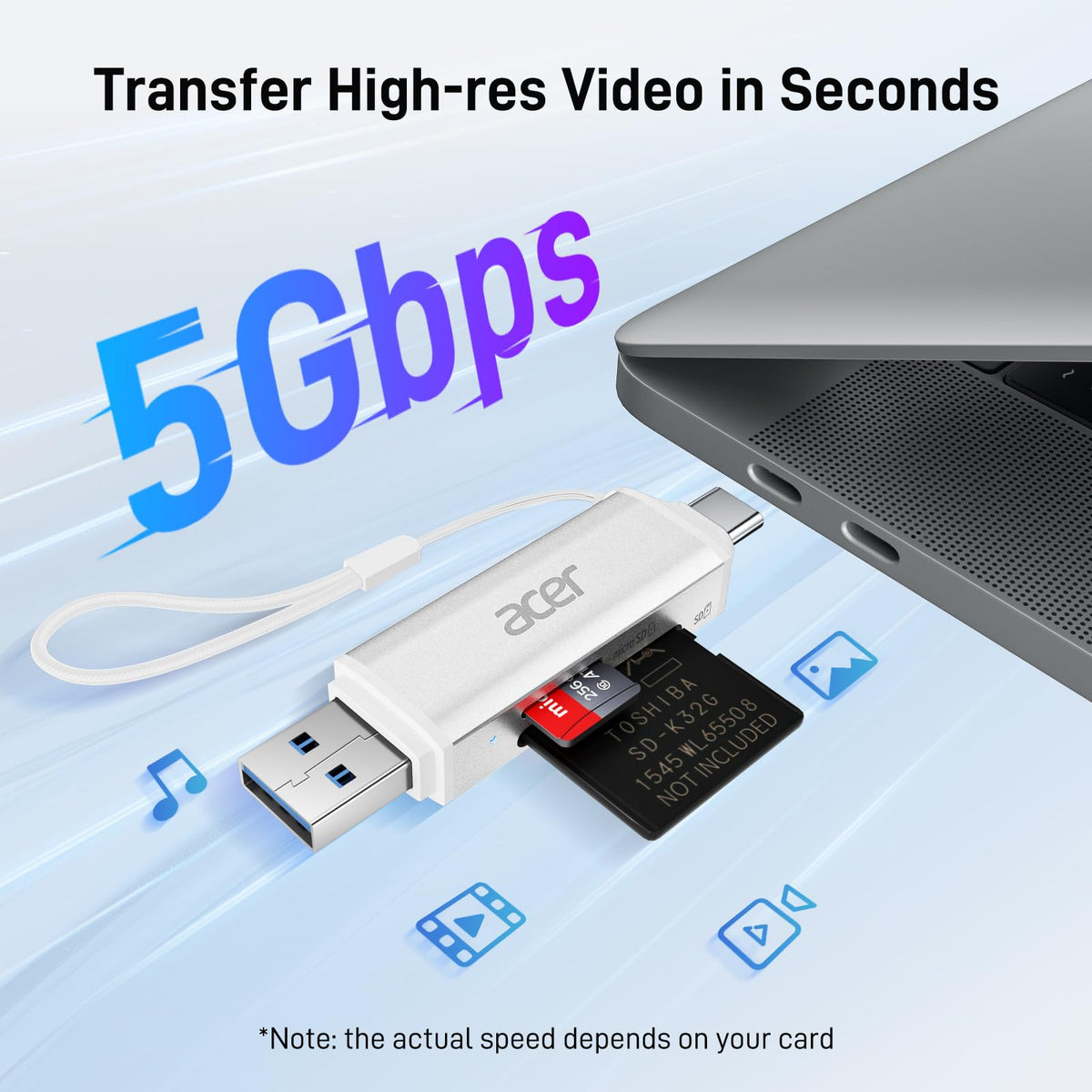 Acer SD Card Reader, USB C & USB 3.0 Memory Card Reader Adapter, Black
