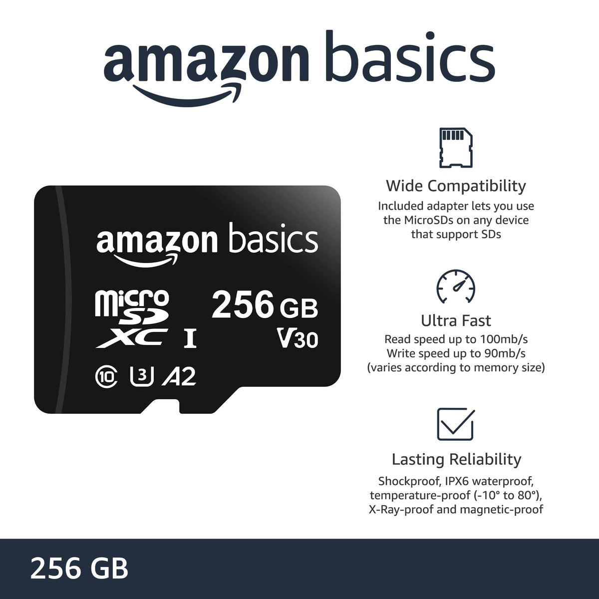 Amazon Basics microSDXC Memory Card with Full Size Adapter, A2, U3, Read Speed up to 100 MB/s, 128GB, Black