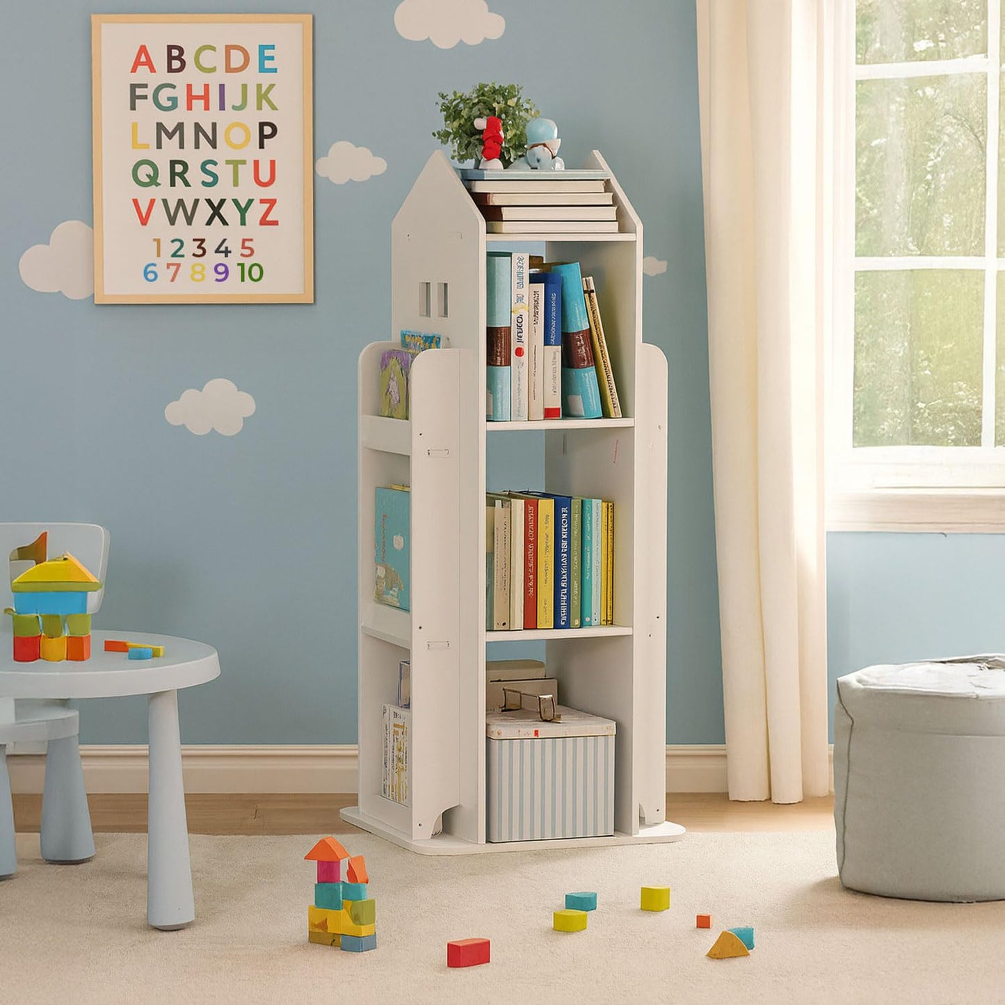 Neo House Shaped 360° Rotating Kids' Children's Freestanding Bookshelf Bookcase 10 Shelf Shelve Space‑Saving Design (White)