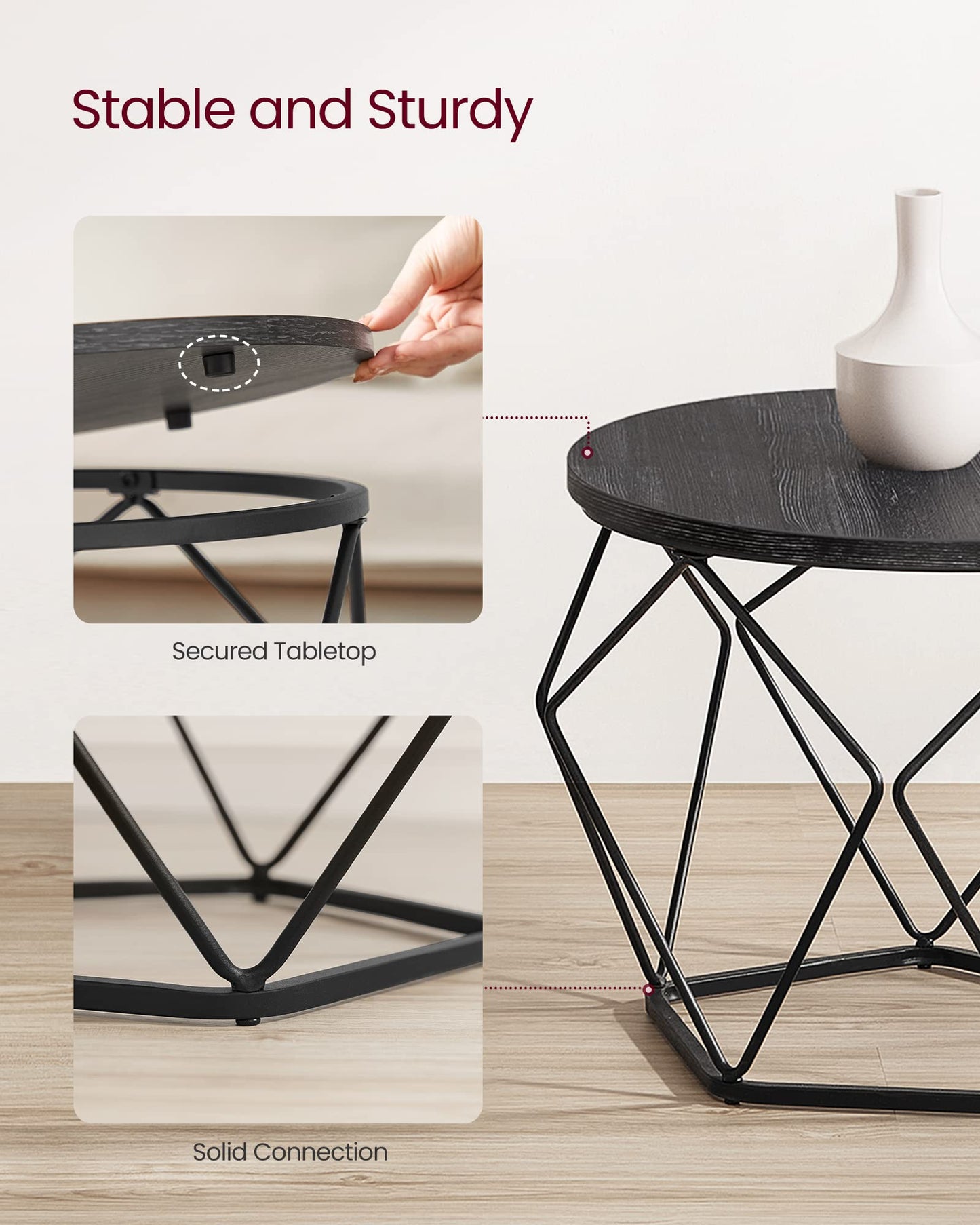 VASAGLE Coffee Tables, Set of 2 Side Tables, Robust Steel Frame, for Living Room, Bedroom, Rustic Brown and Black LET040B01