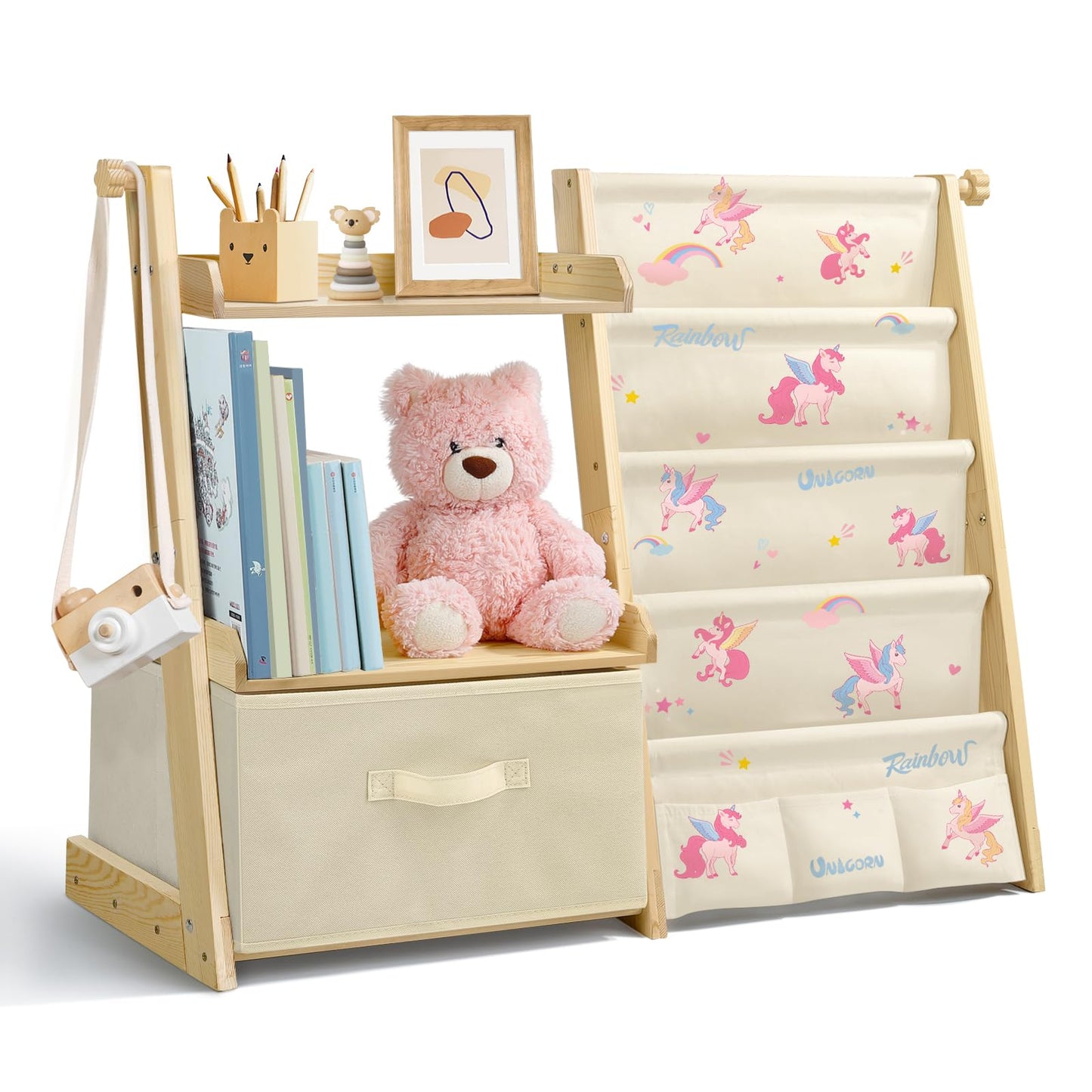 Kids Bookshelf and Toy Storage, Montessori Wooden Children Bookcase and Toy Organizer, 4-tier Toddler Sling Book Shelf with a Large Storage Box for Nursery, Bedroom, Playroom (Terrazzo)