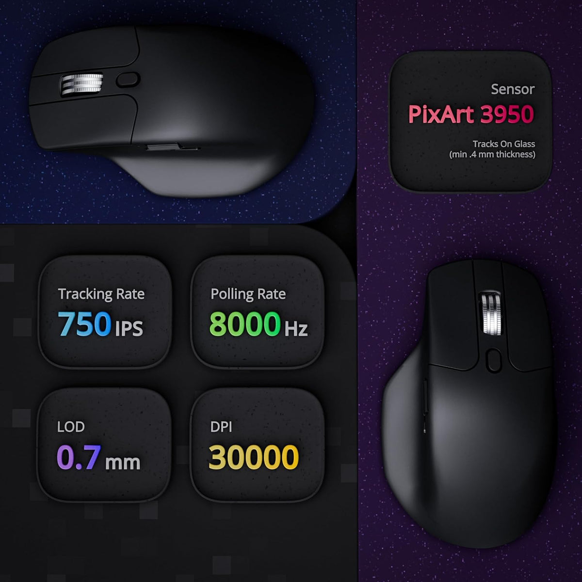 Keychron M6 8000 Hz Silent Wireless Bluetooth 5.3/2.4 GHz/Wired Connection Gaming Mouse, Lightweight Body Programmable PixArt 3950 Sensor (30K DPI / 750 IPS) for Windows Mac Linux - Black