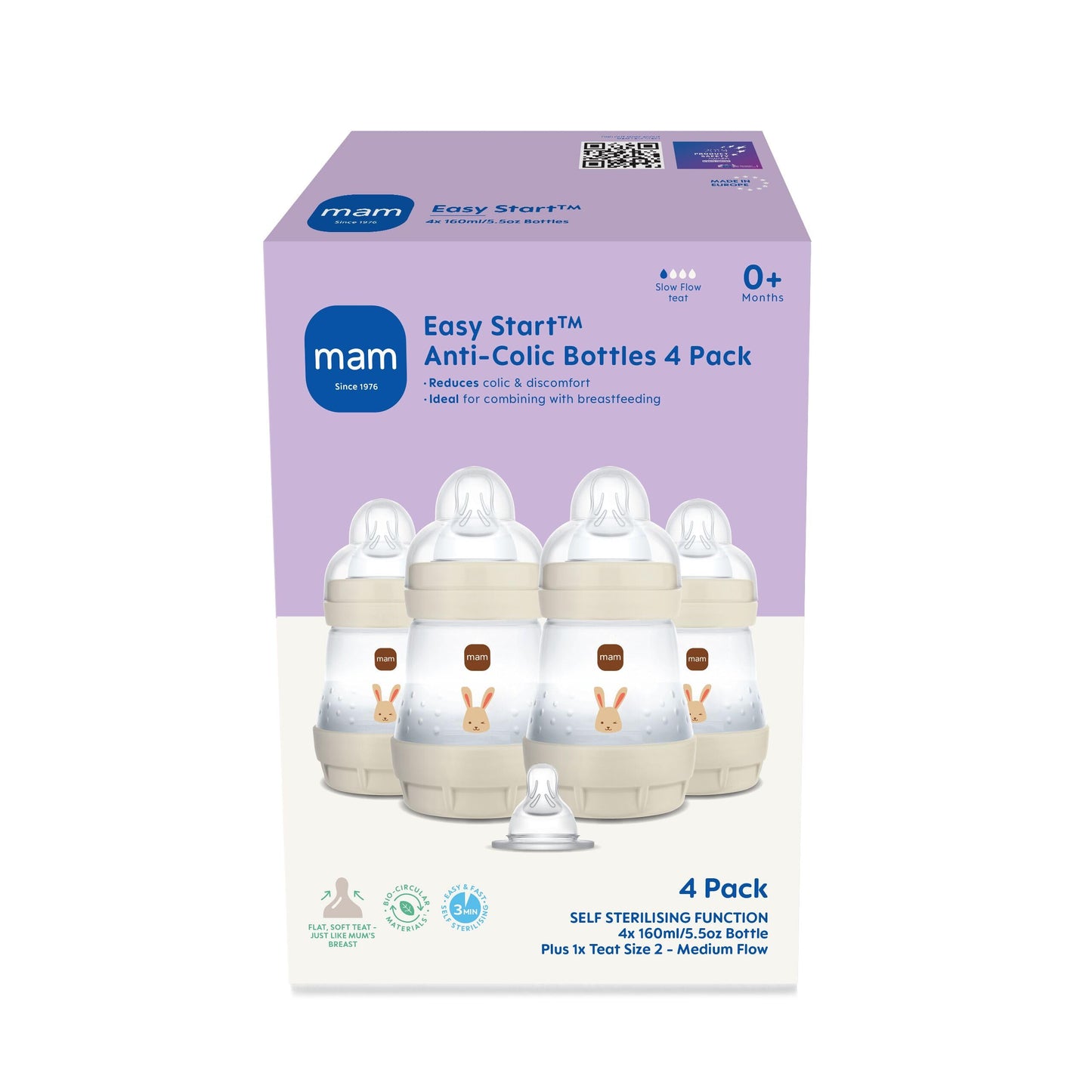 MAM Easy Start Anti-Colic Baby Bottles | 4 Pack (4X 160ml) | Self-Sterilising Baby Milk Bottle | Slow Flow MAM Teats Size 1 + 1x Medium Flow Teat Size 2 | Linen (Various Designs)