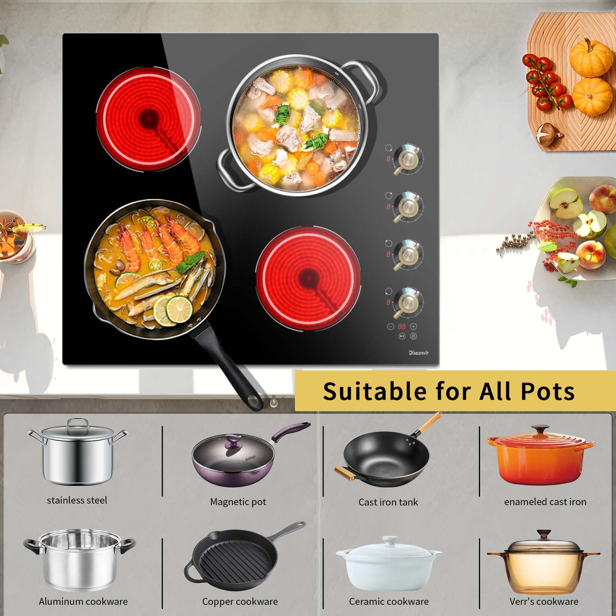 Double Ceramic Hob with Handle, Plug in 2 Ring Electric Hob