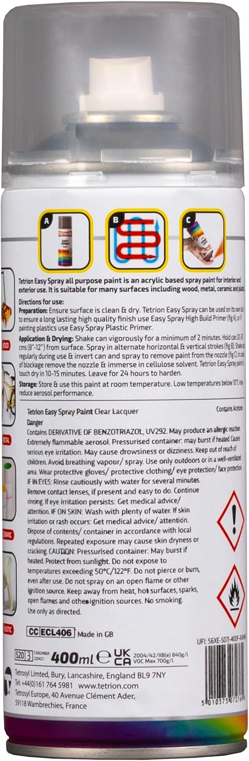 Tetrion Clear Lacquer Spray 400ml - All Purpose Protective Topcoat for Interior & Exterior Uses, Temperature Resistant