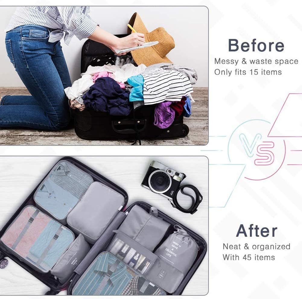 Travel Packing Cubes, Toifucos Multifunction 8pcs/set Luggage Organiser Compression Suitcase Essential Bag, Dark Gray