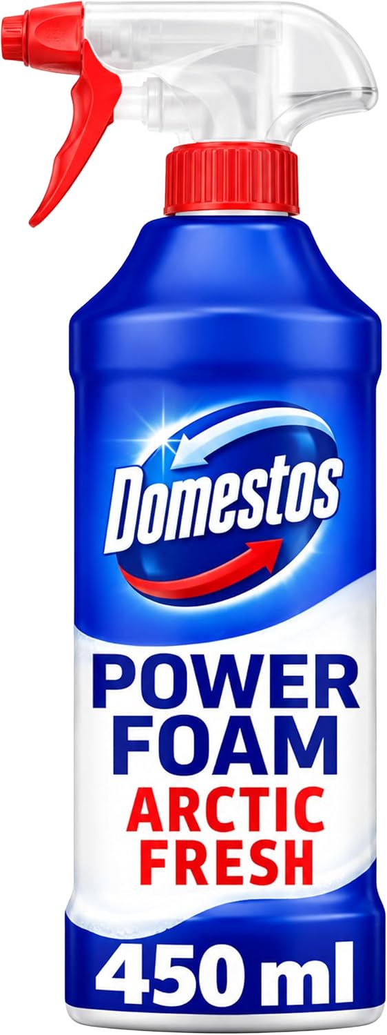Domestos Power Foam Arctic Fresh Toilet & Bathroom Cleaner Spray sprays upside down & eliminates 99.99% of germs* for cleaning inside the toilet & around the bathroom 450 ml