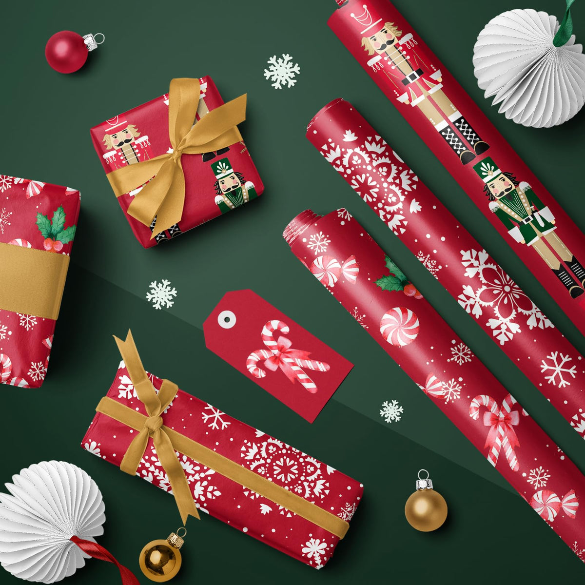 RUSPEPA Christmas Wrapping Paper Roll - Mini Roll - 3 Rolls - 43.2cm x 3m Per Roll - Bird, Christmas Garland, Holly and Pinecones Holiday Design with Metallic Foil Shine