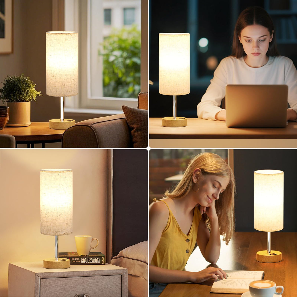 Aooshine Grey Table Lamp, 3-Way Dimmable, USB A + C Charging