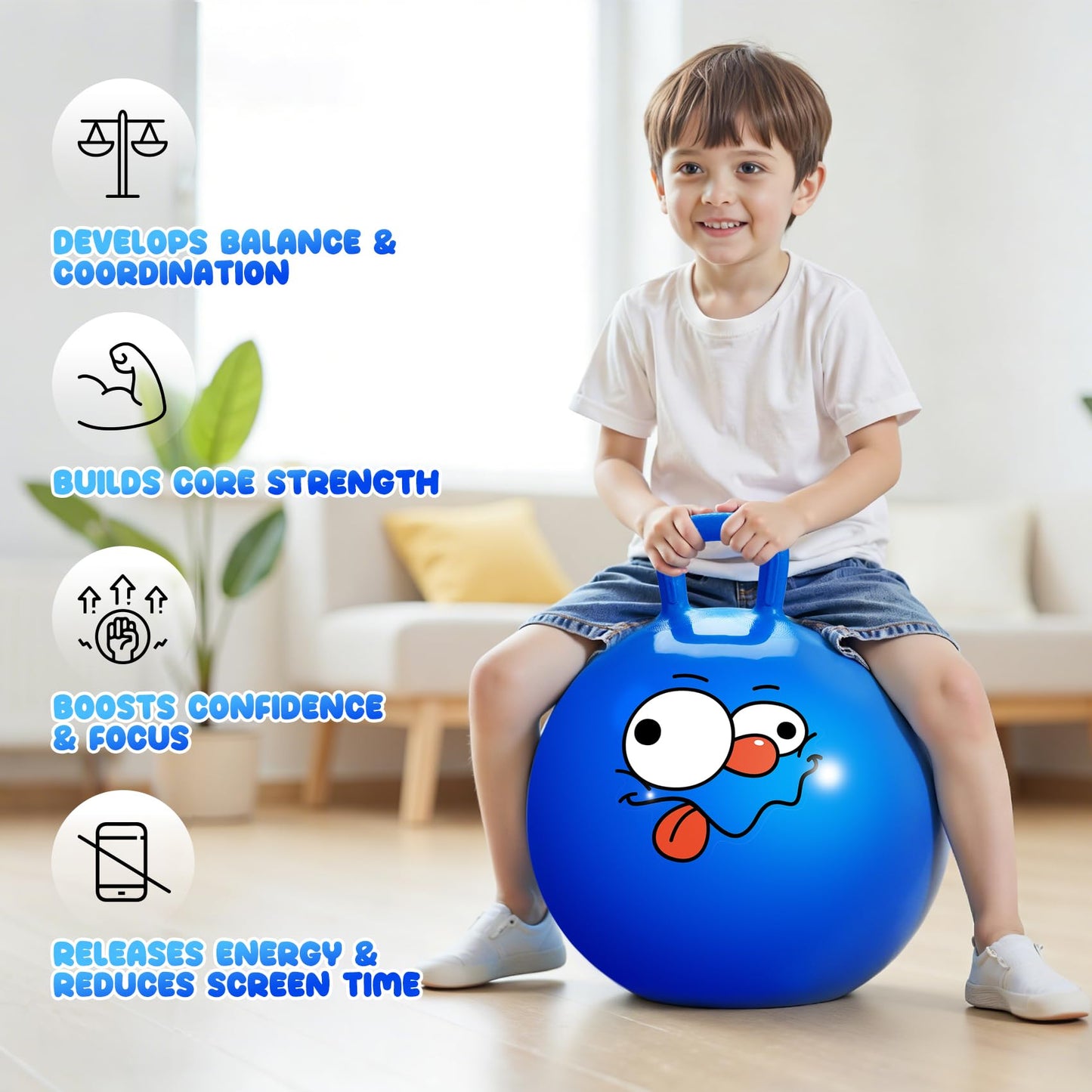Vastoy 20 Inch Space Hopper Ball for Kids 6-9 Years - Anti-Slip Space Hopper with Hand Pump, Bouncy Inflatable Ride On Toy for Indoor Outdoor Fun, for Children (Blue Eyes)