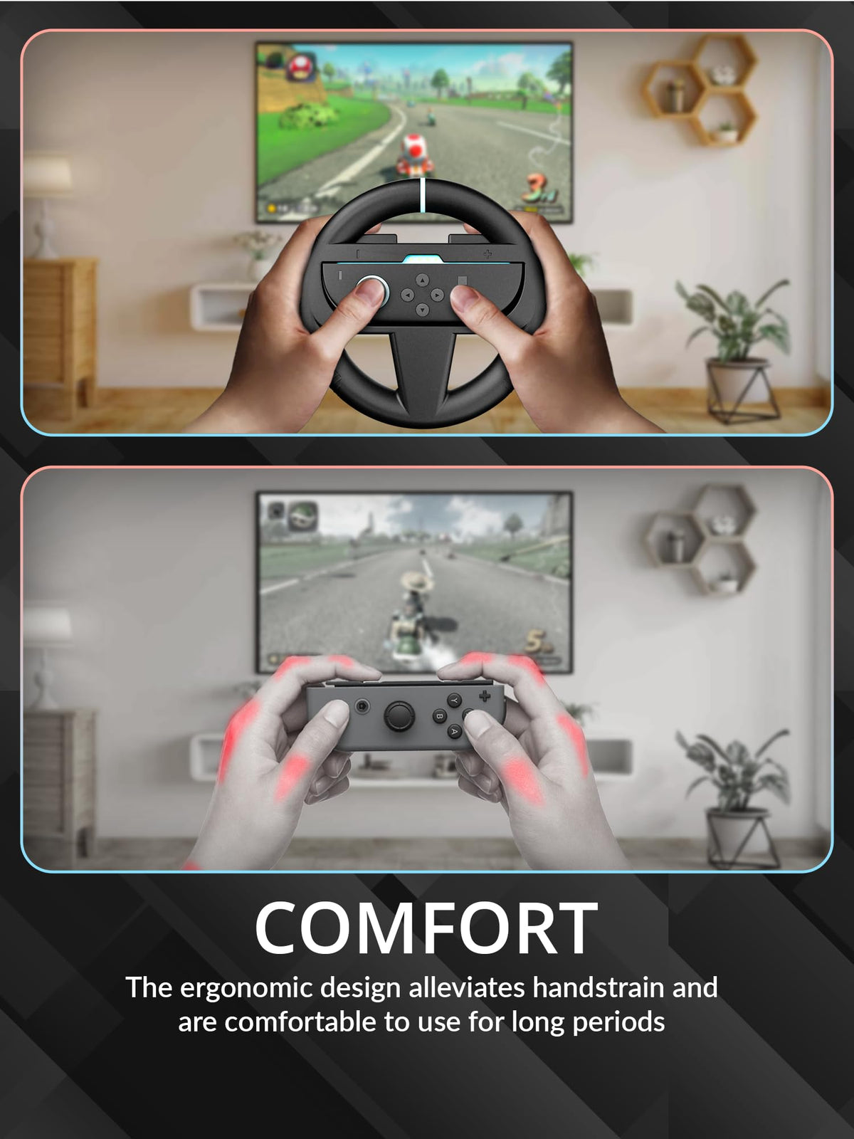 Orzly Racing Steering Wheels – Compatible with Switch 2 (2025 Console) – Party Pack of 4 Joy-Con Controller Attachments for Racing Games (2 Black, 1 Blue, 1 Red)