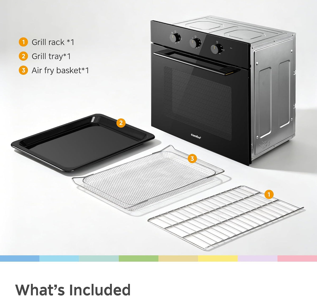 COMFEE' 60L, 60cm Wide, Single Electric Built-in Fan Oven, 8 Function with Air Fry, Multiphase Cooking and Easy Cleaning Removable Door, Color Black - CBO60M80M1-BK