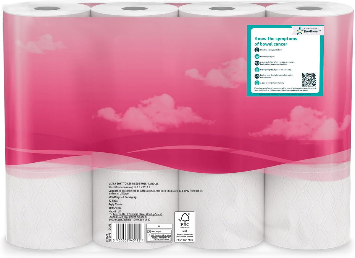 by Amazon Ultra Soft Toilet Tissue, 4-ply, 12 Rolls (1 Pack of 12), 160 Sheets per Roll