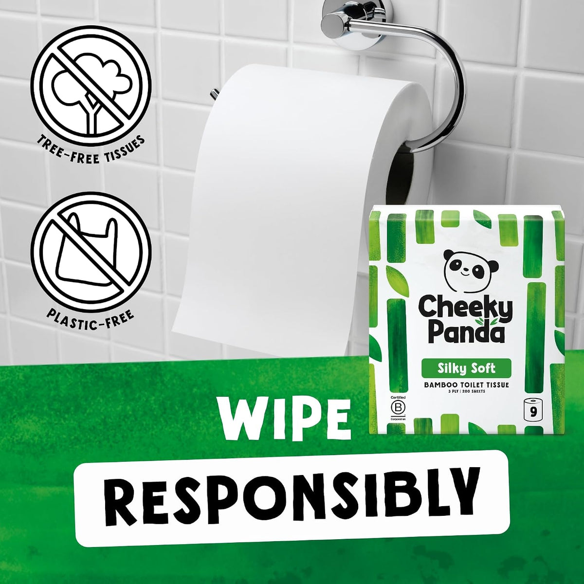 The Cheeky Panda Bamboo Toilet Paper – 9 Rolls of Toilet Paper | Plastic Free Packaging and Sustainable Toilet Tissue | 100% Compostable